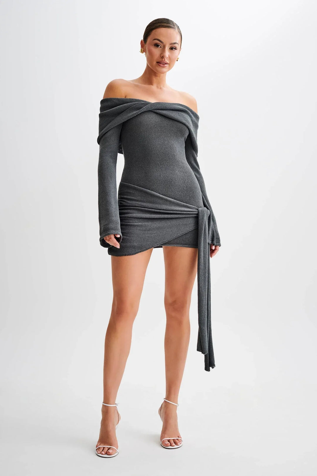 Ysolyn - Waist Knot Off-Shoulder Knitted Mini Dress