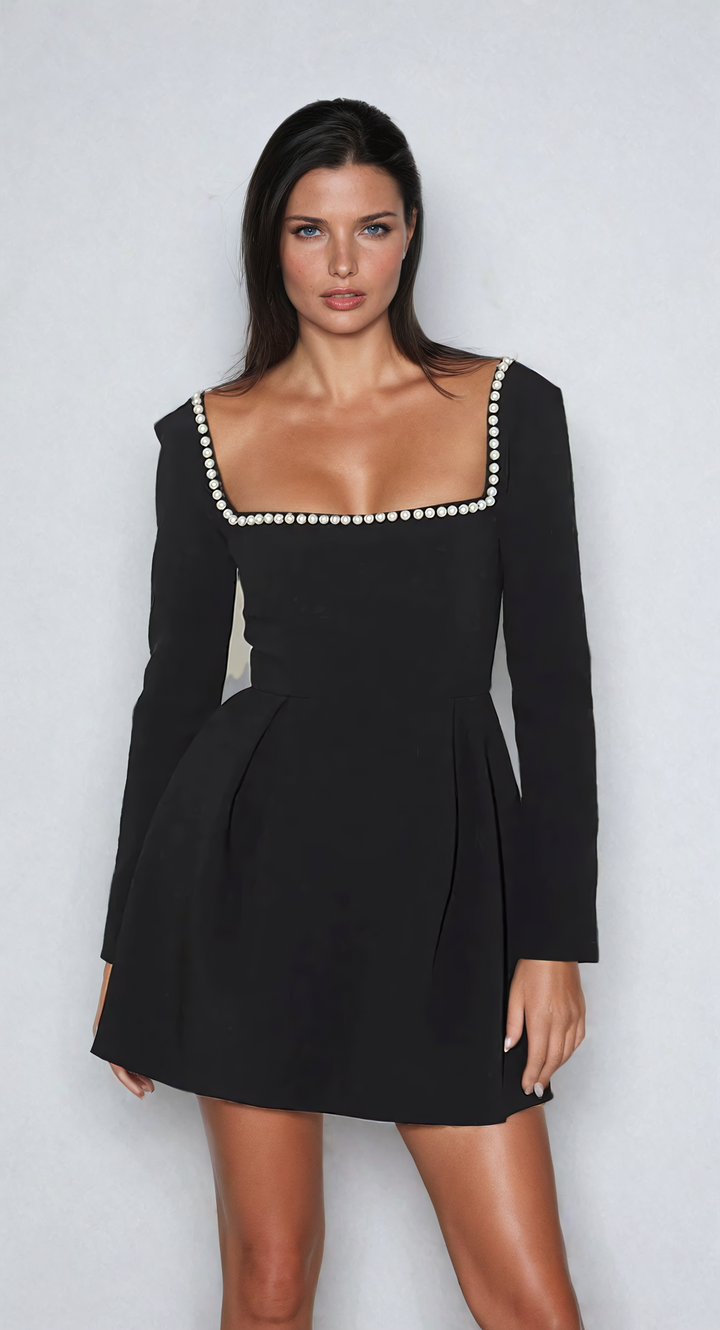 Cyrillae - Pearl Neck Pleated Mini Dress