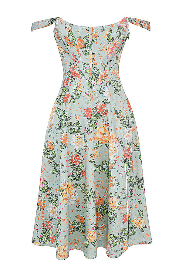 Nerithia - Floral Print Ruffle Midi Dress