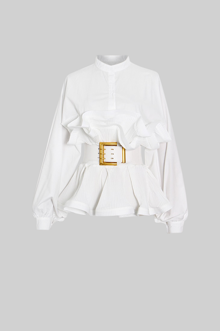 Aerlise - Elegant Long Sleeves Ruffle Shirt with Belt