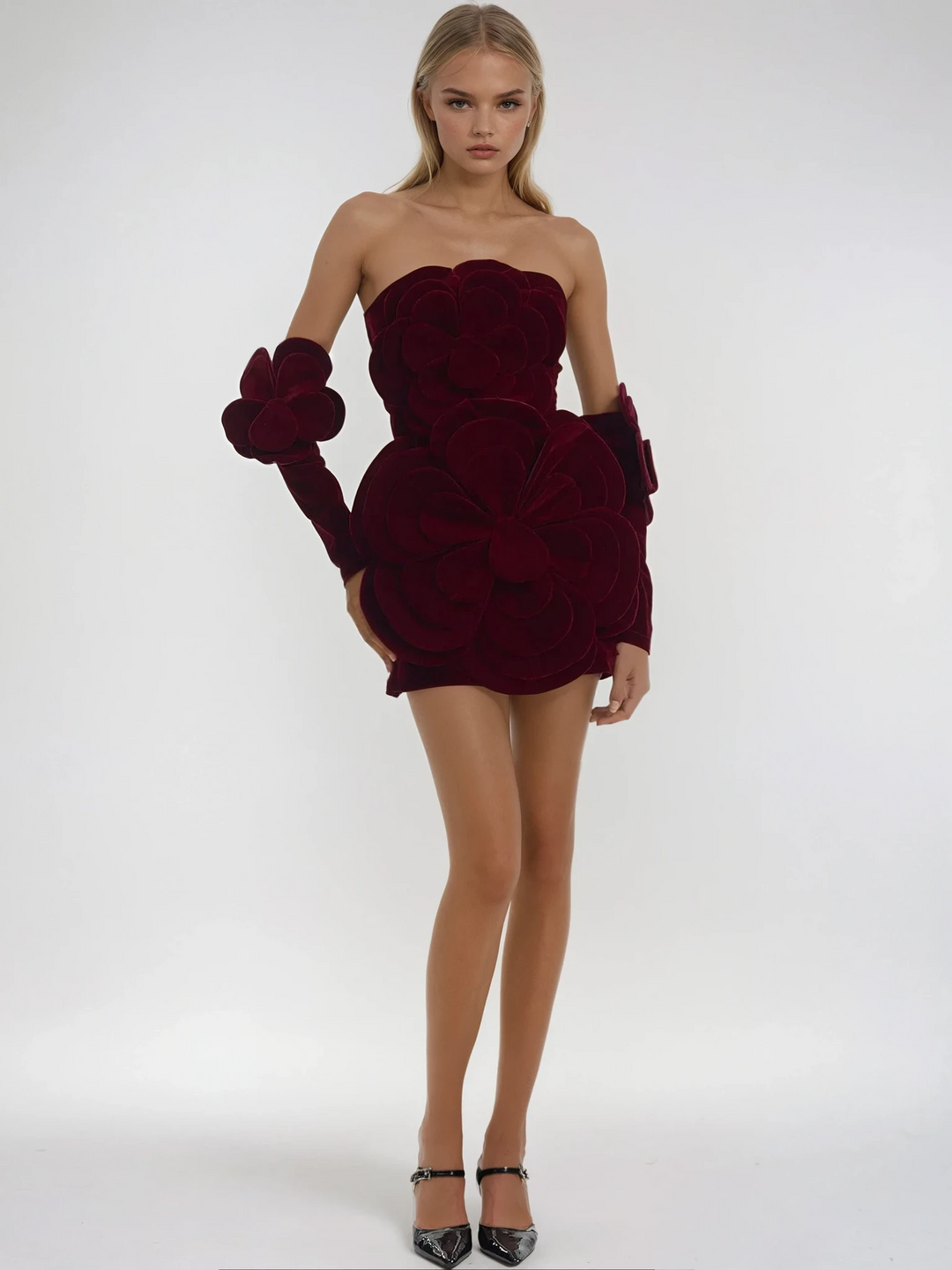 Evelith - Floral Velvet Mini Dress With Detachable Sleeves