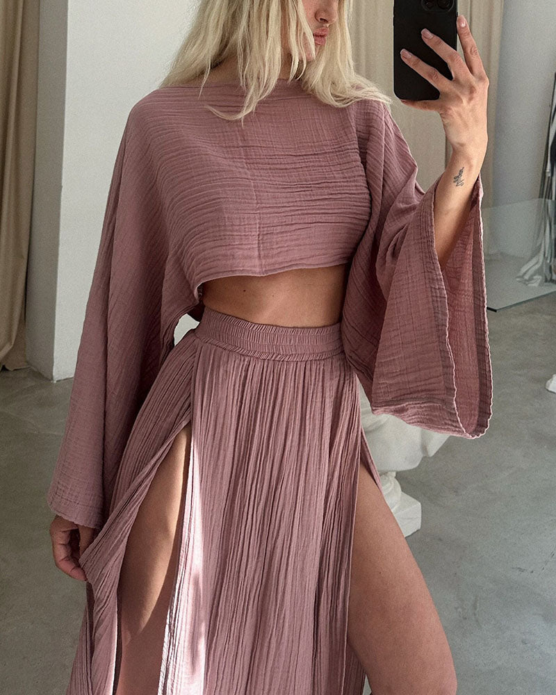 Ivy - Pleated Sleeve Slit Two-Piece Set