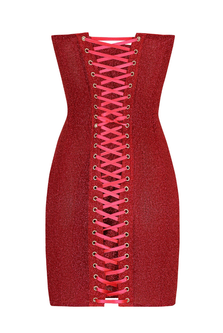 Akilani - Strapless Glitter Red Corset Mini Dress