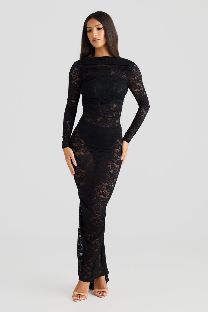 Myravia - Solid Bodyfit Backless Lace Maxi Dress