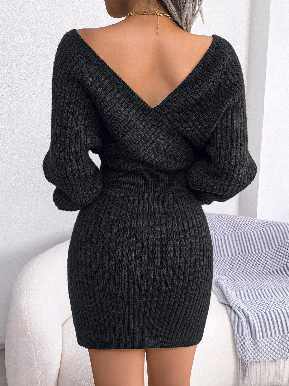 Elvessa - V-Neck Knitted Loose Sleeves Mini Dress