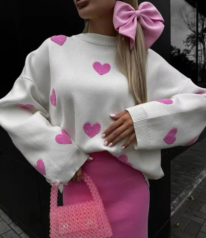 Lysoria - Loose Heart Patches Knitted Sweater