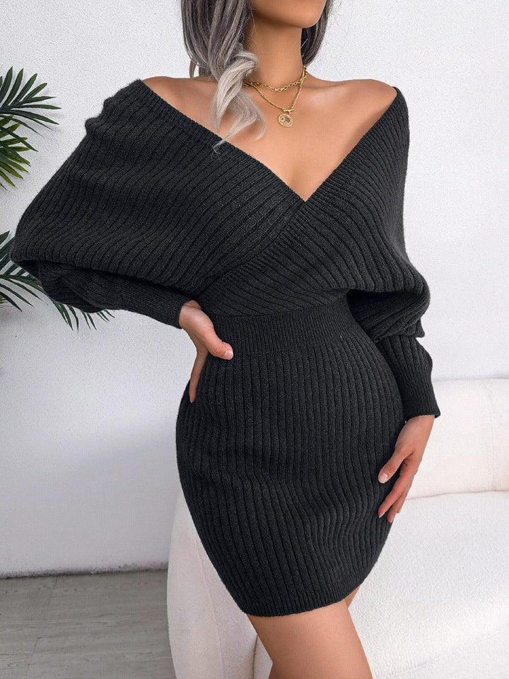 Elvessa - V-Neck Knitted Loose Sleeves Mini Dress