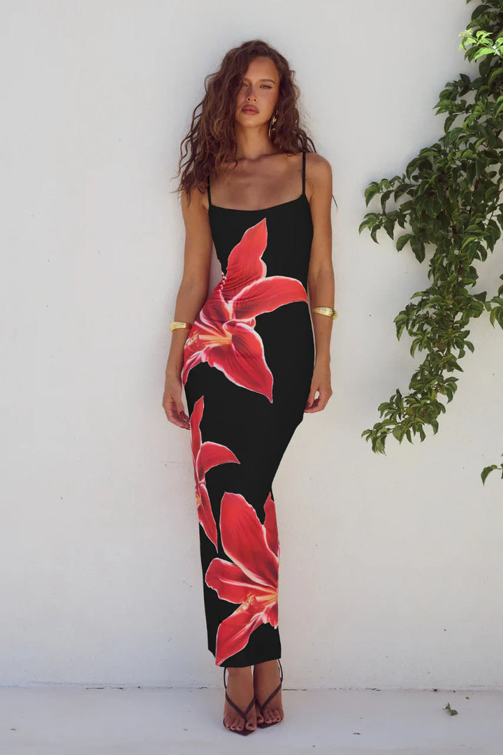 Thalina - Flower Printed Back Slit Dress