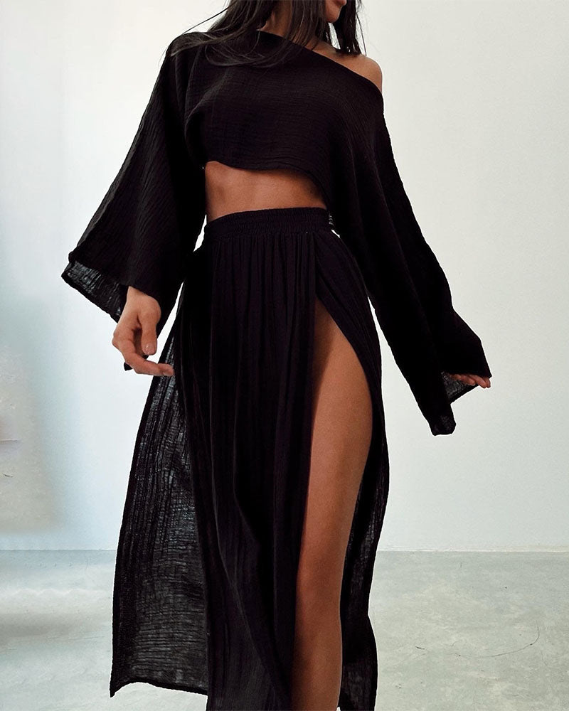 Ivy - Pleated Sleeve Slit Two-Piece Set