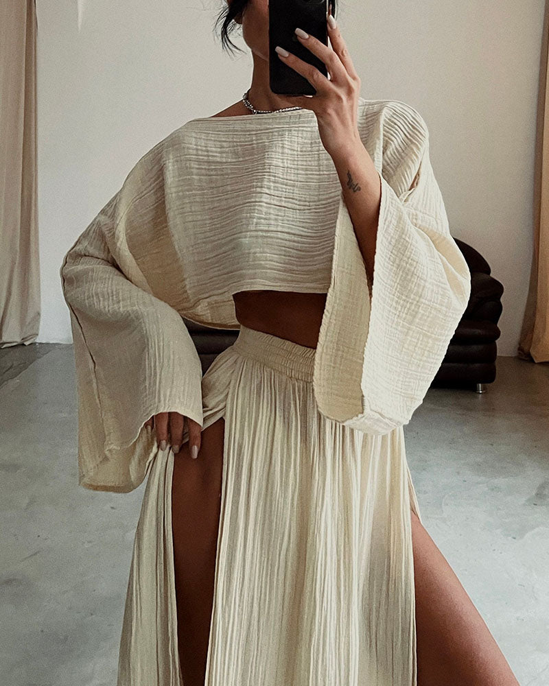 Ivy - Pleated Sleeve Slit Two-Piece Set