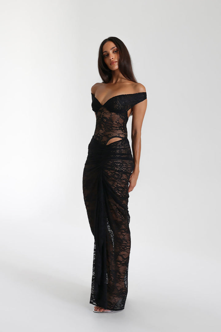 Selune - See-Through Lace Off-Shoulder Maxi Dress