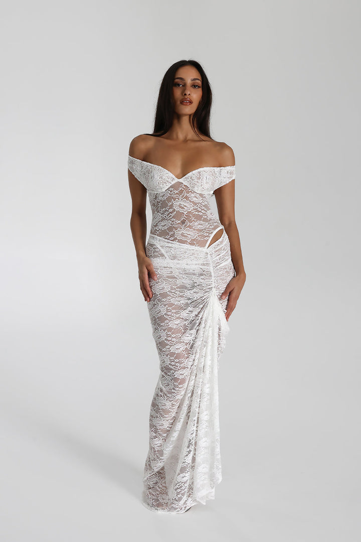 Selune - See-Through Lace Off-Shoulder Maxi Dress