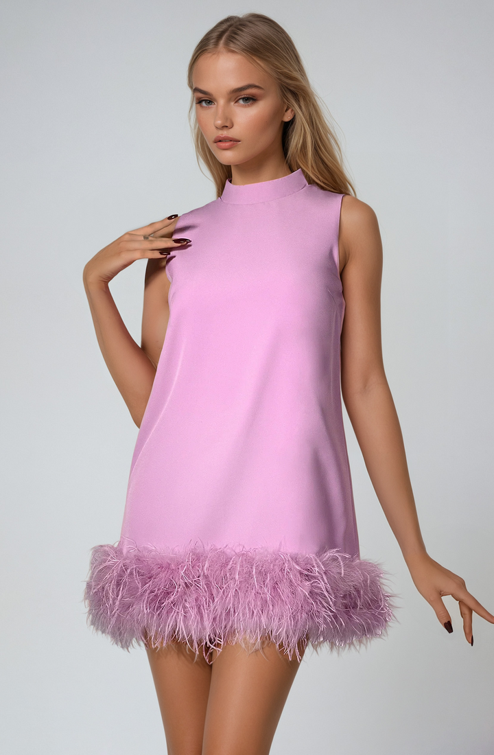 Adunma - A-Line Fur Hem Mini Dress