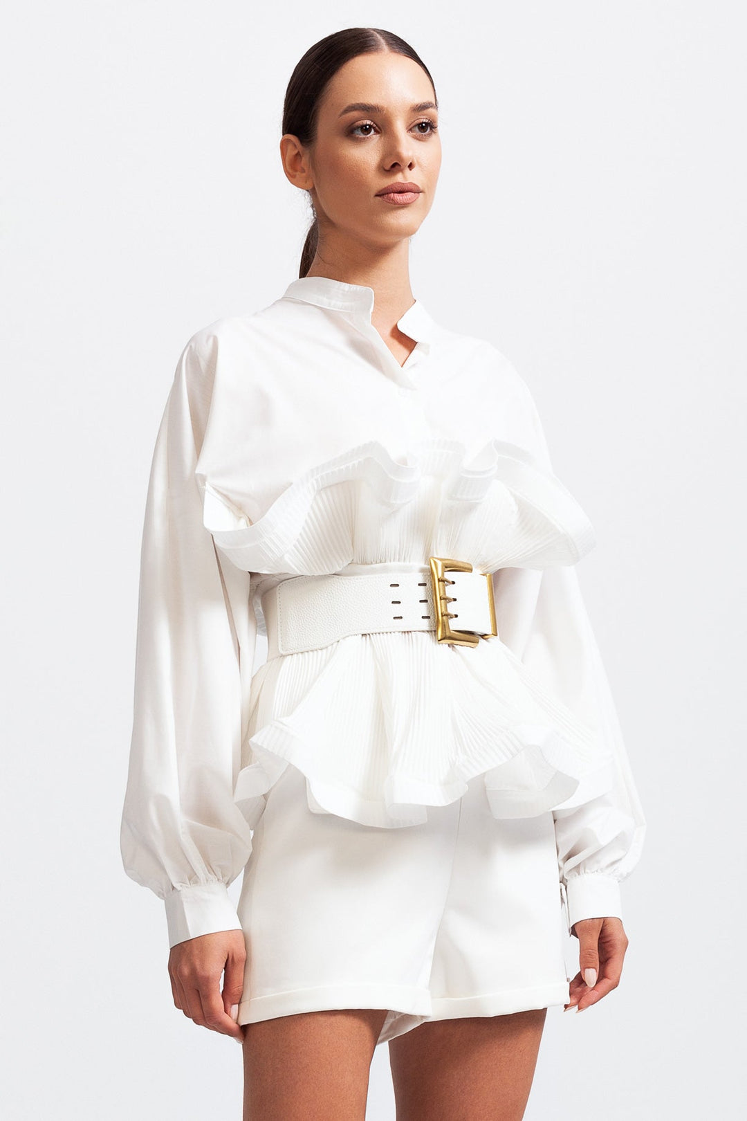 Aerlise - Elegant Long Sleeves Ruffle Shirt with Belt