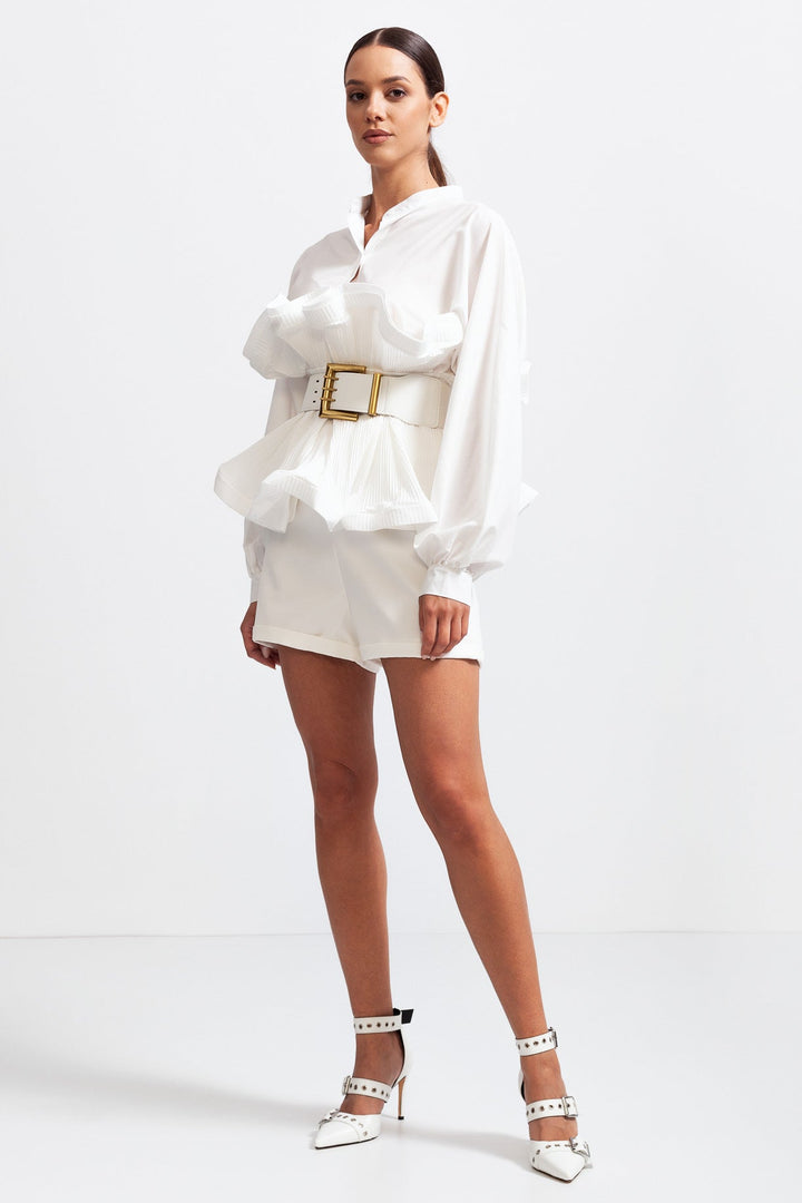 Aerlise - Elegant Long Sleeves Ruffle Shirt with Belt