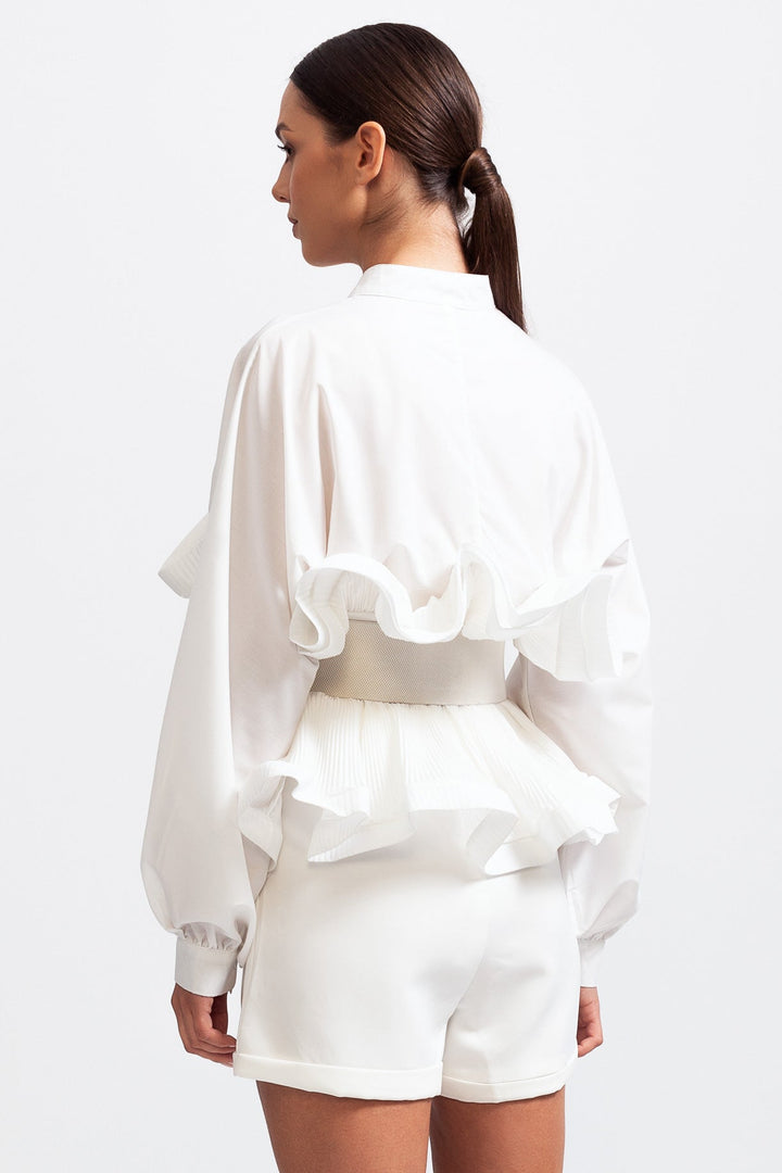 Aerlise - Elegant Long Sleeves Ruffle Shirt with Belt