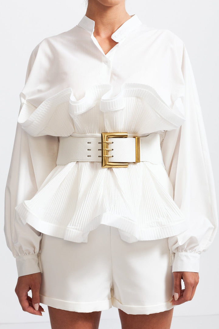 Aerlise - Elegant Long Sleeves Ruffle Shirt with Belt