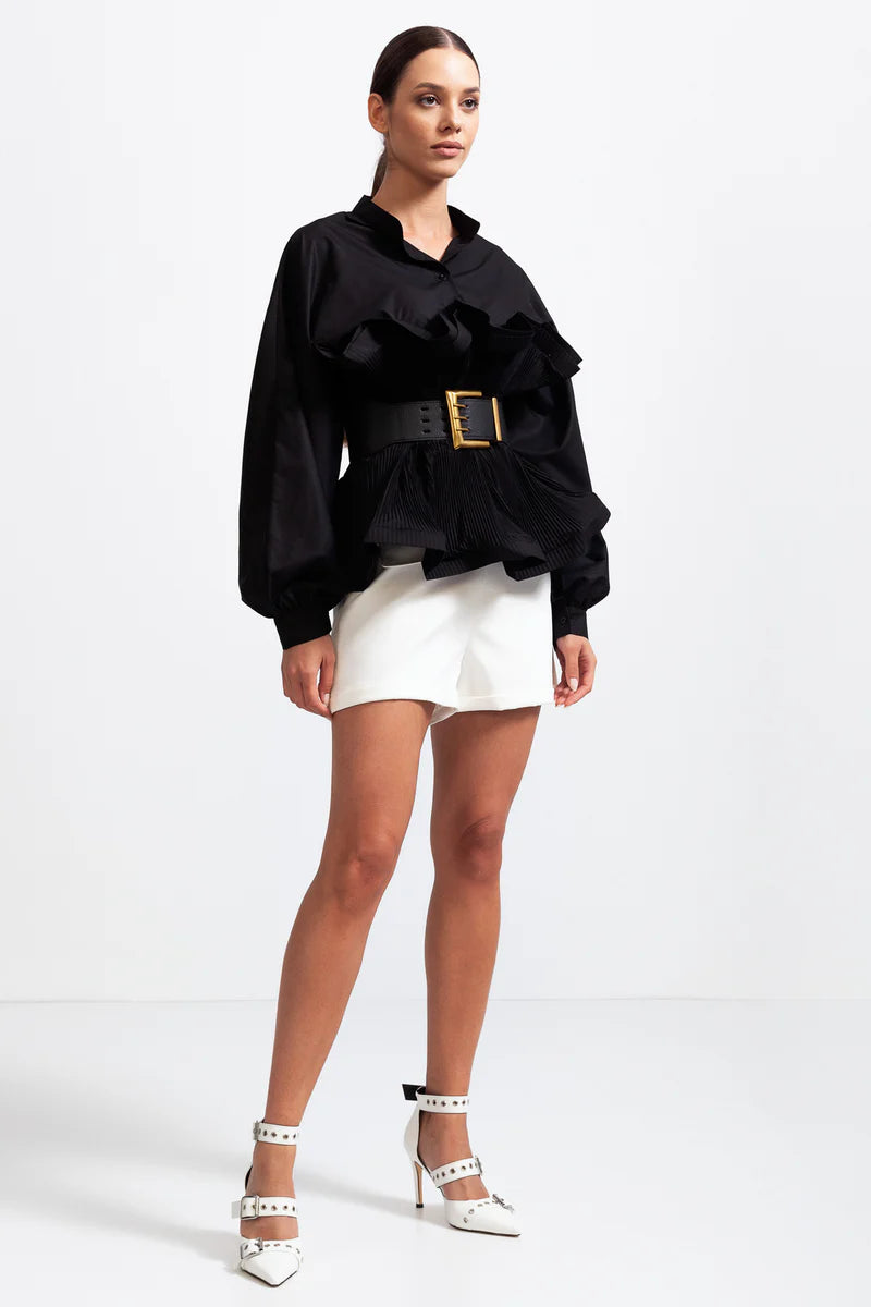 Aerlise - Elegant Long Sleeves Ruffle Shirt with Belt