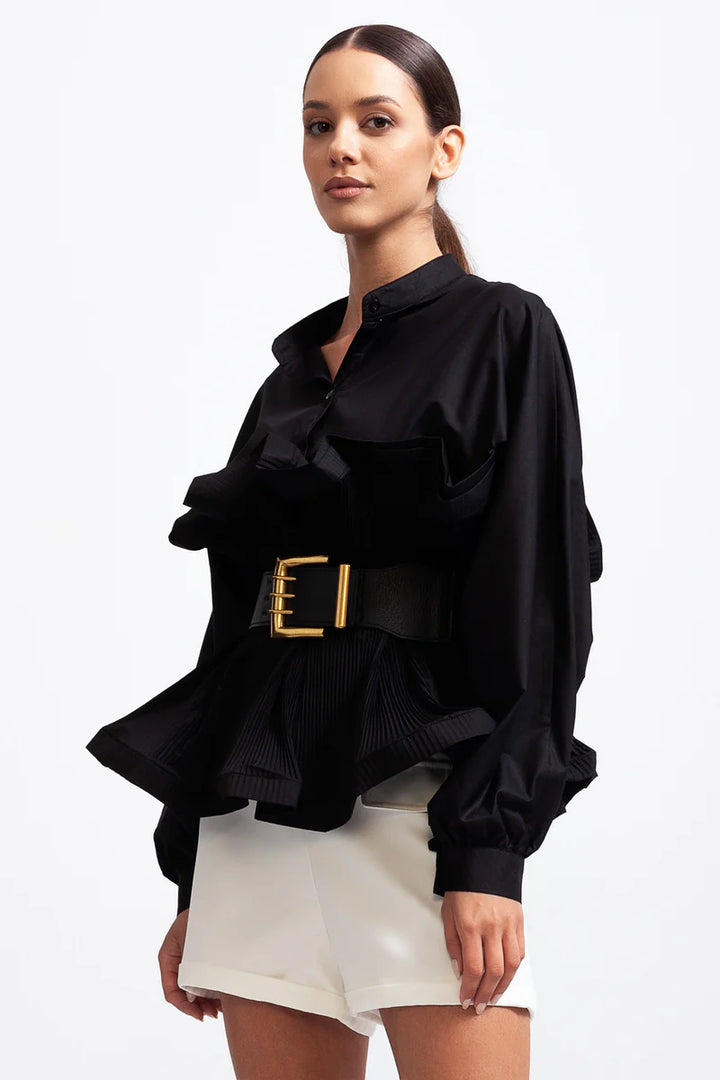 Aerlise - Elegant Long Sleeves Ruffle Shirt with Belt