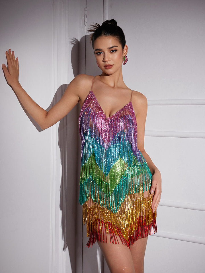 Cyrantha - Sleeveless Rainbow Fringes Mini Dress