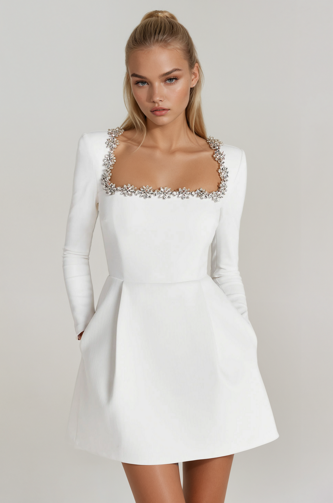 Tazari - Embellished Neck Detail Mini Dress