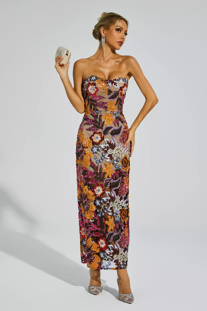 Zelyndra - Strapless Floral Embroidered Maxi Dress