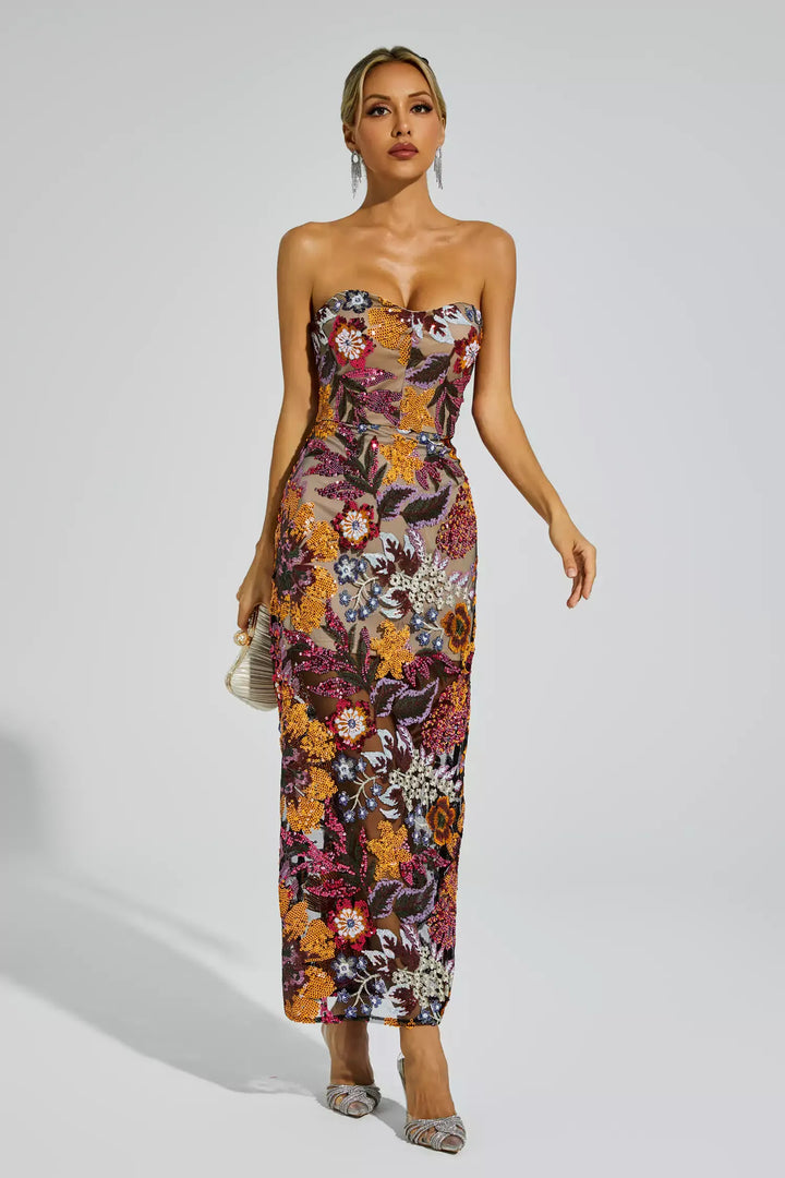 Zelyndra - Strapless Floral Embroidered Maxi Dress