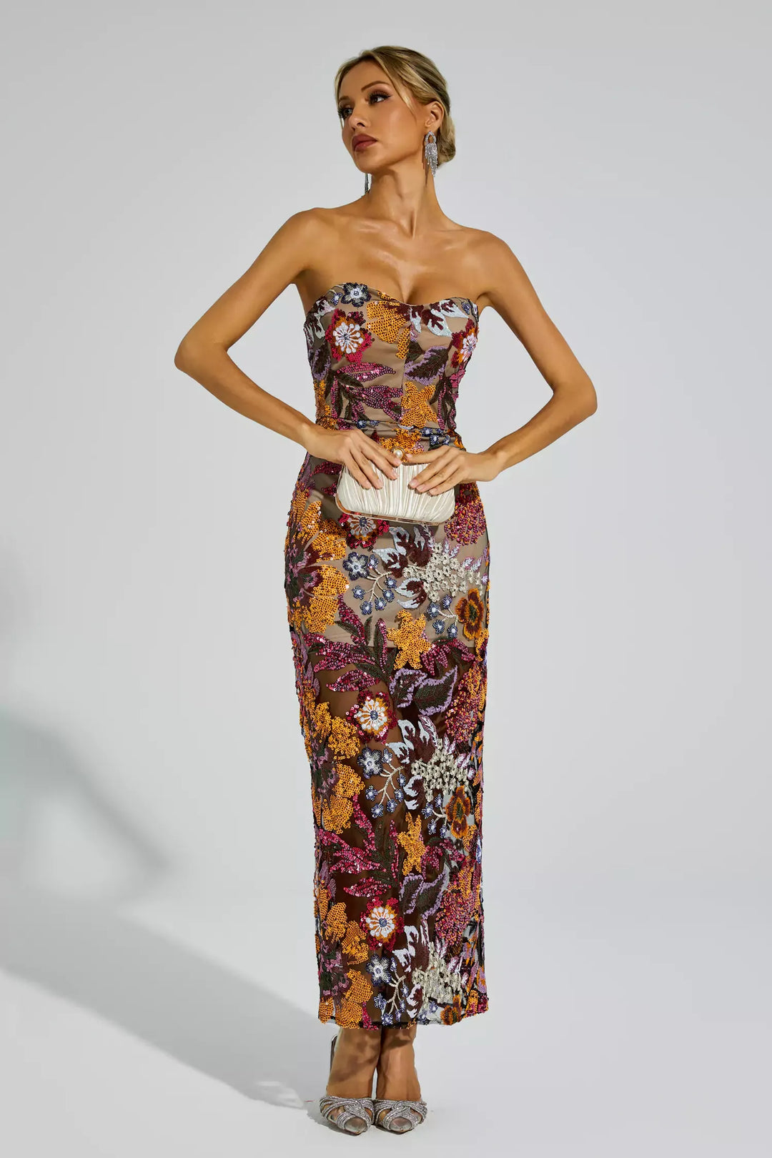 Zelyndra - Strapless Floral Embroidered Maxi Dress