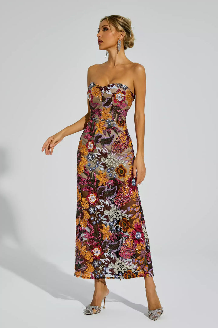 Zelyndra - Strapless Floral Embroidered Maxi Dress