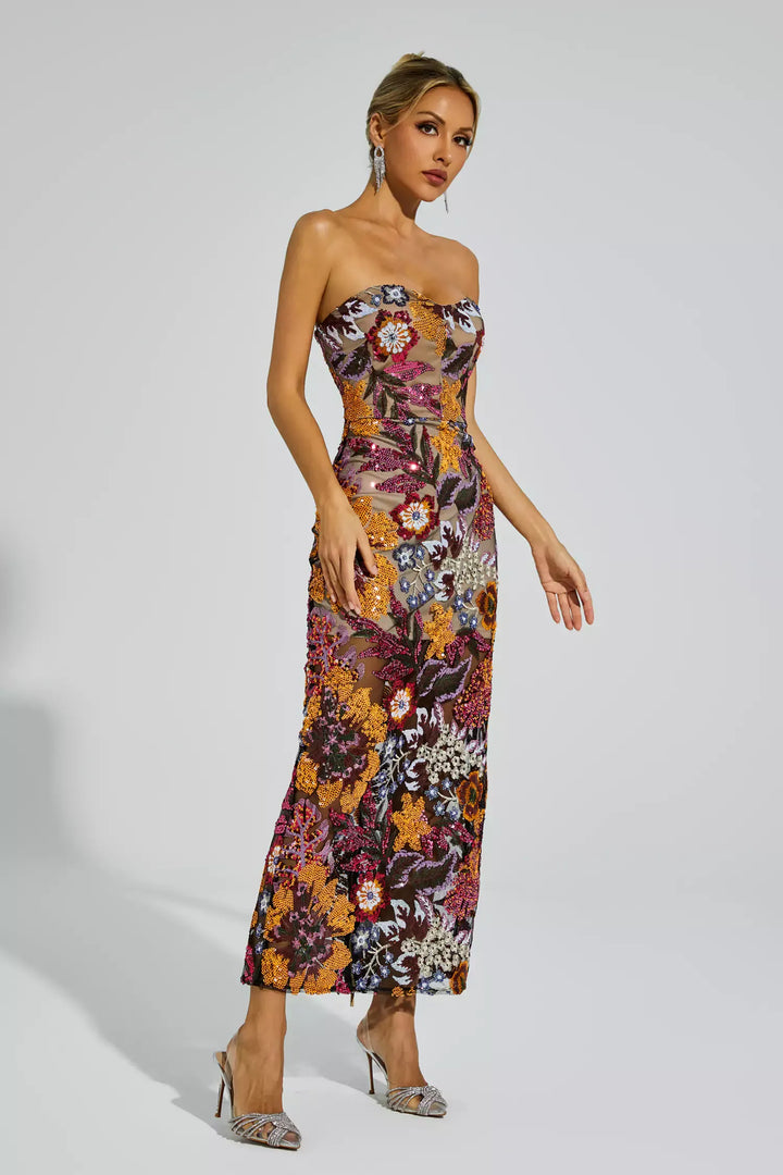 Zelyndra - Strapless Floral Embroidered Maxi Dress