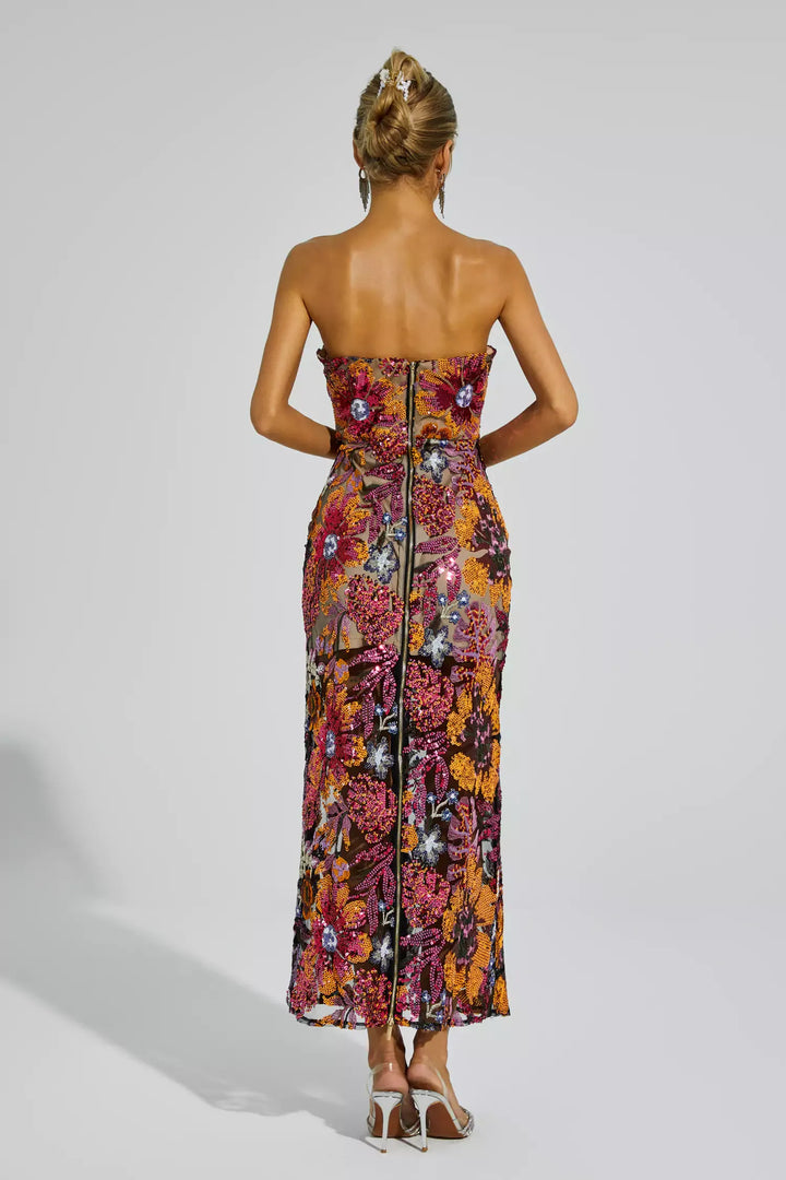 Zelyndra - Strapless Floral Embroidered Maxi Dress