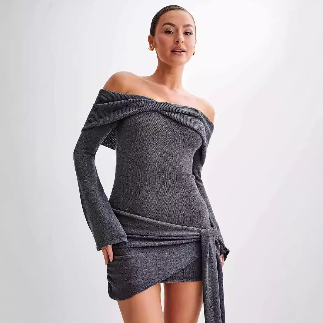 Ysolyn - Waist Knot Off-Shoulder Knitted Mini Dress