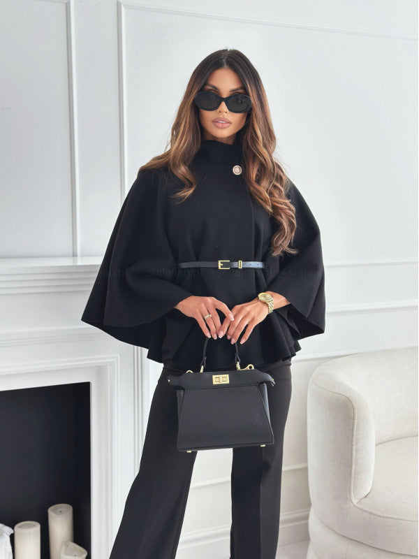 Senirae - Buckle Batwing Sleeves Coat with Belt