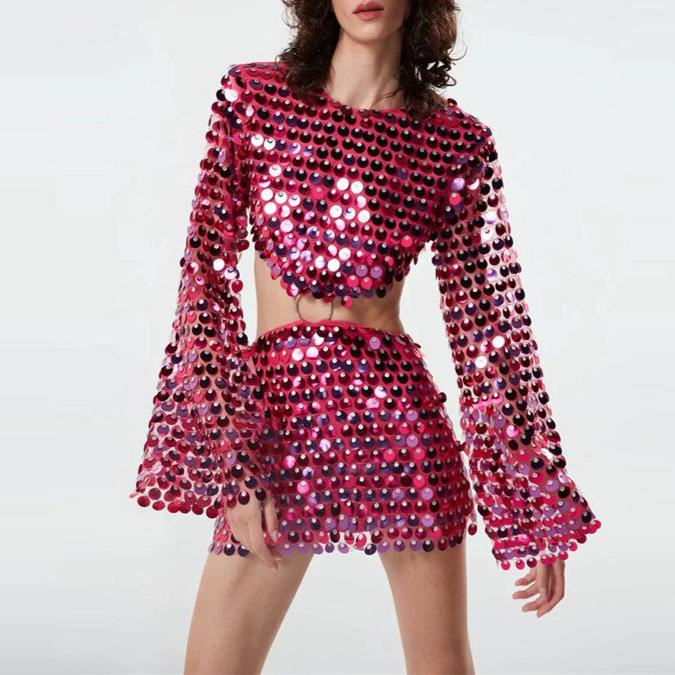 Seraly - Embellished Long Sleeves Top & Skirt Two-Piece Set