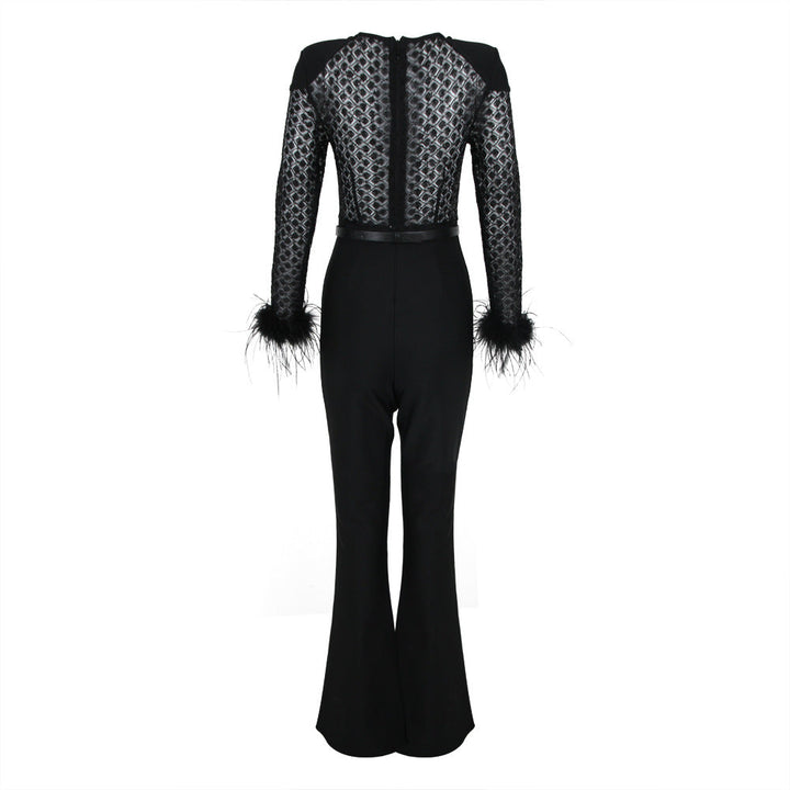 Lenira - Fur Sleeves Lace Slim Fit Jumpsuit