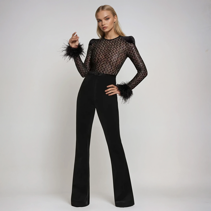 Lenira - Fur Sleeves Lace Slim Fit Jumpsuit