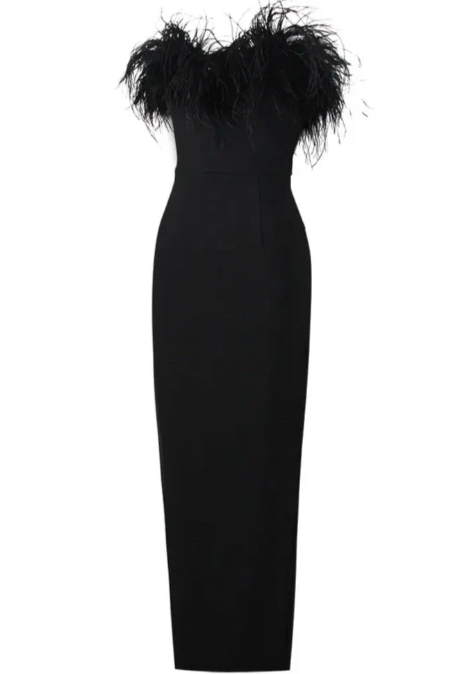 Loryva - V-Neck Strapless Fur Maxi Dress