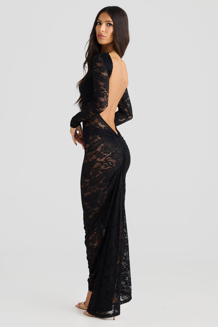 Myravia - Solid Bodyfit Backless Lace Maxi Dress