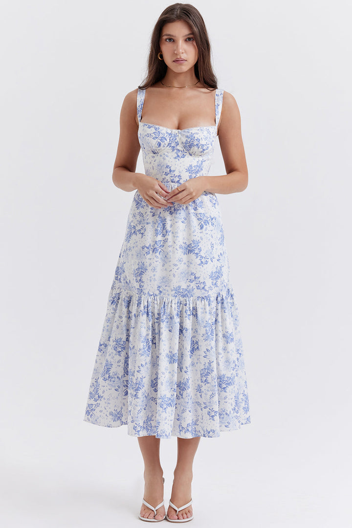 Nerithia - Floral Print Ruffle Midi Dress