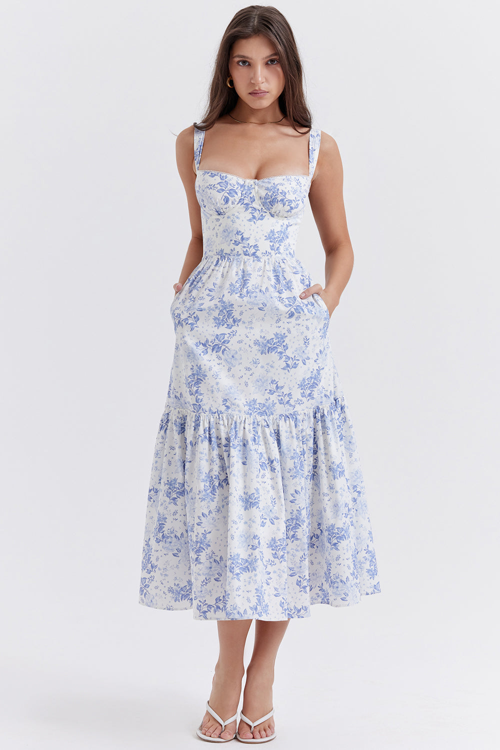 Nerithia - Floral Print Ruffle Midi Dress