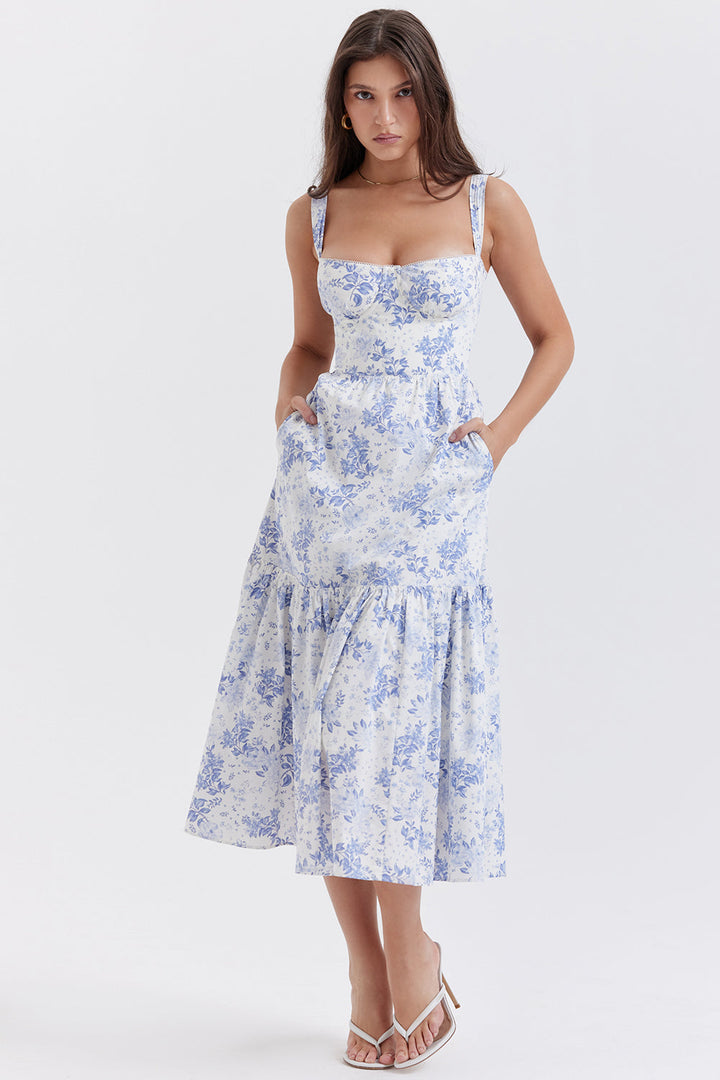 Nerithia - Floral Print Ruffle Midi Dress