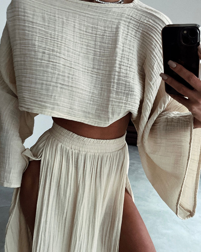 Ivy - Pleated Sleeve Slit Two-Piece Set