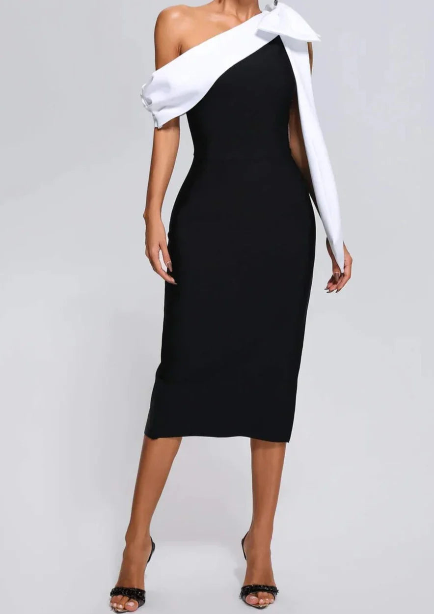 Lyriel - One-Shoulder Bow Tie Slit Midi Dress