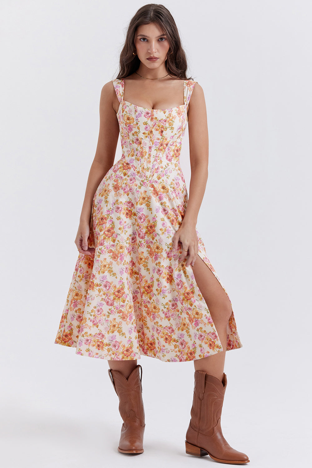 Nerithia - Floral Print Ruffle Midi Dress