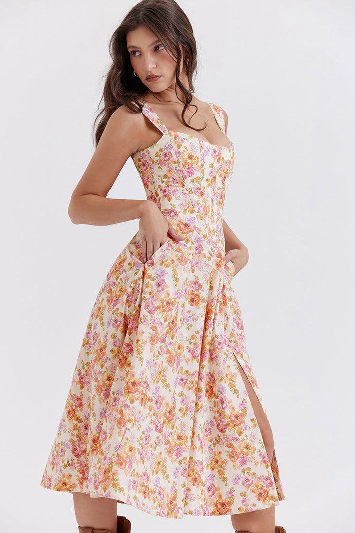 Nerithia - Floral Print Ruffle Midi Dress