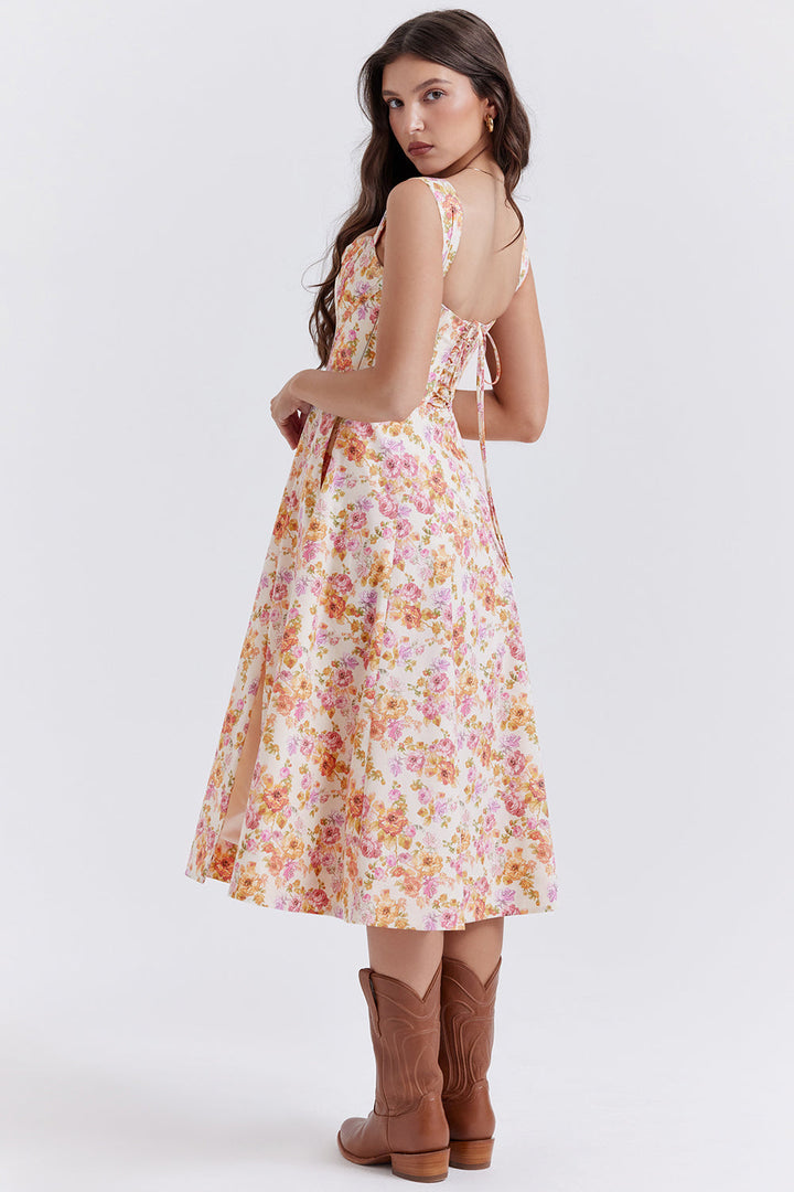 Nerithia - Floral Print Ruffle Midi Dress