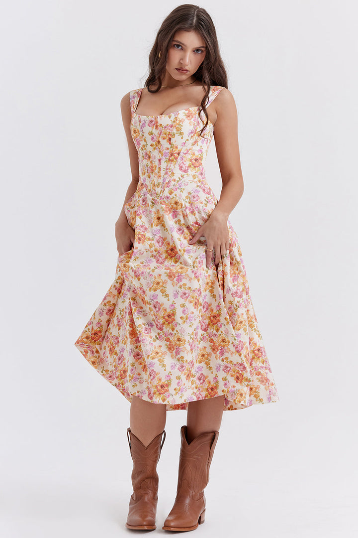 Nerithia - Floral Print Ruffle Midi Dress