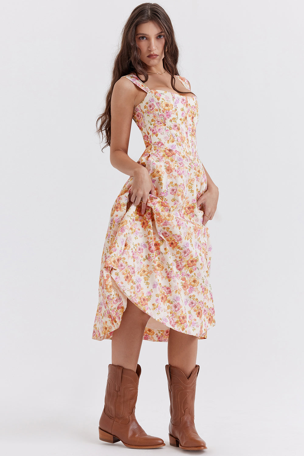 Nerithia - Floral Print Ruffle Midi Dress