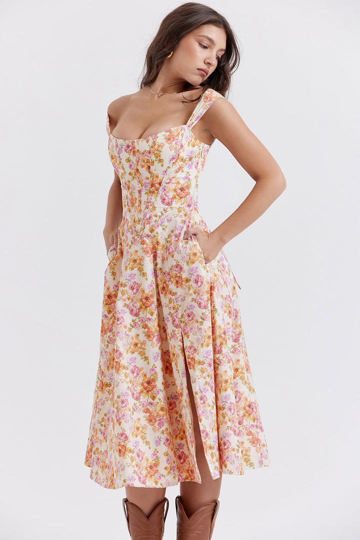 Nerithia - Floral Print Ruffle Midi Dress