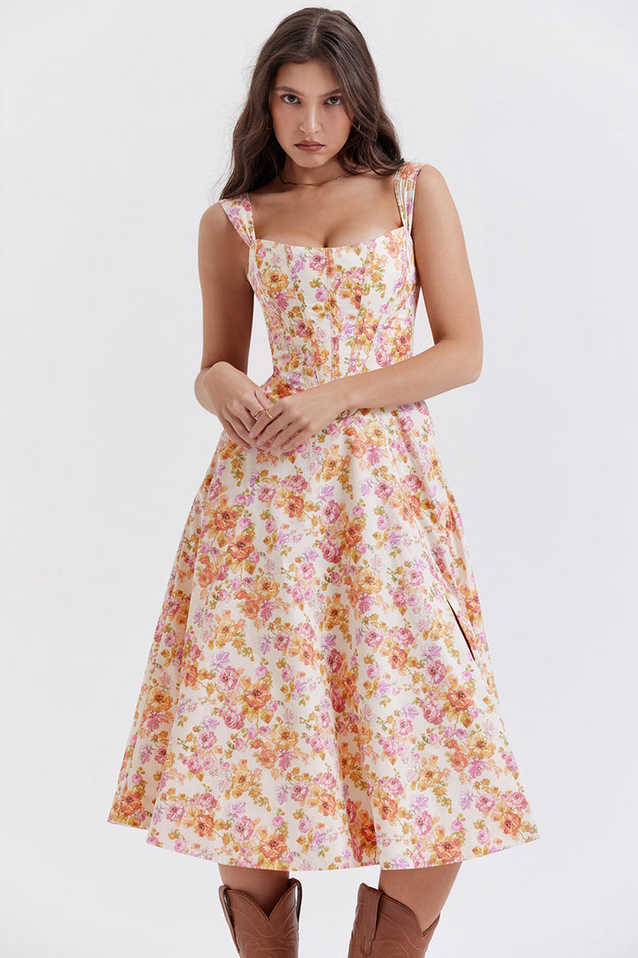 Nerithia - Floral Print Ruffle Midi Dress